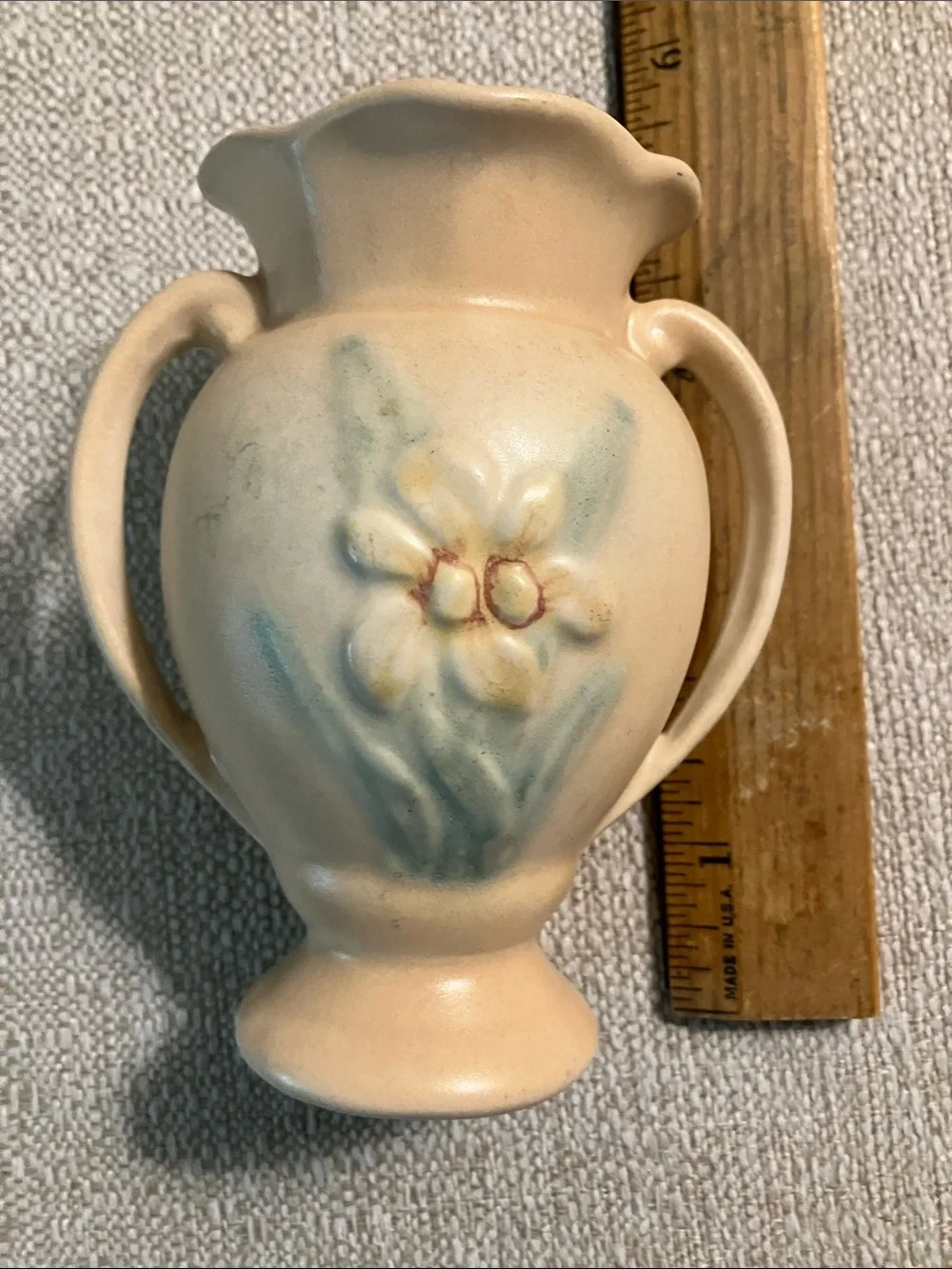 Hull Vintage tiny Cream Ceramic Double-Handled Vase with Soft Floral Motif